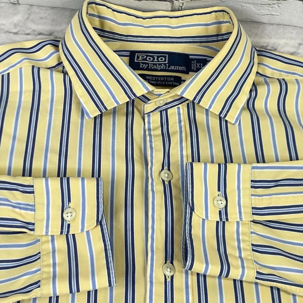 Polo by Ralph Lauren Westerton 2-Ply Shirt Mens XL Yellow Long Sleeve‎ Striped